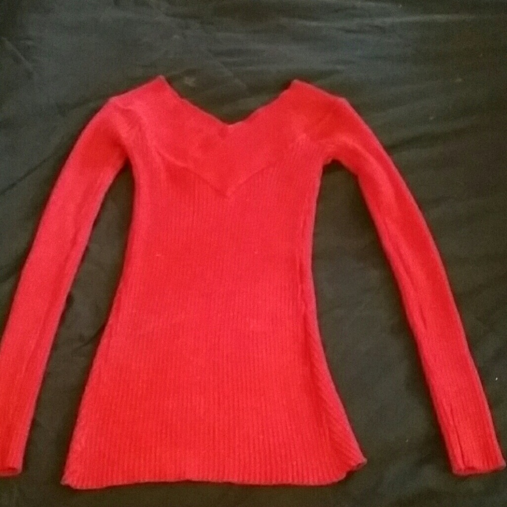 Candie's Red, deep V, off the shoulder sweater